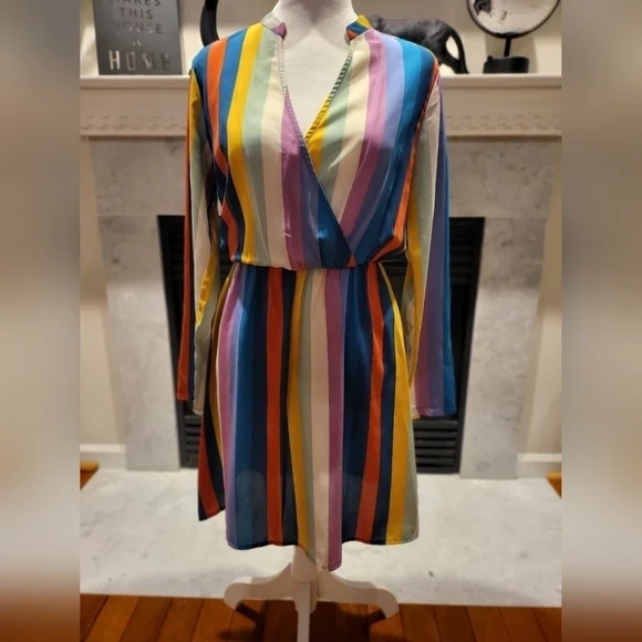 All In Favor Long Sleeve Multicolor Striped V neck Mini Dress - Picture 4 of 4